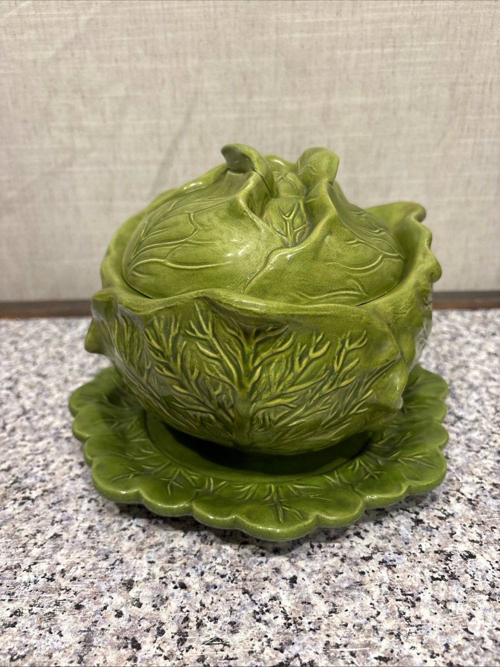 Holland Mold Green Cabbage Leaf Covered Bowl Underplate Ceramic Vintage - Picture 4 of 9